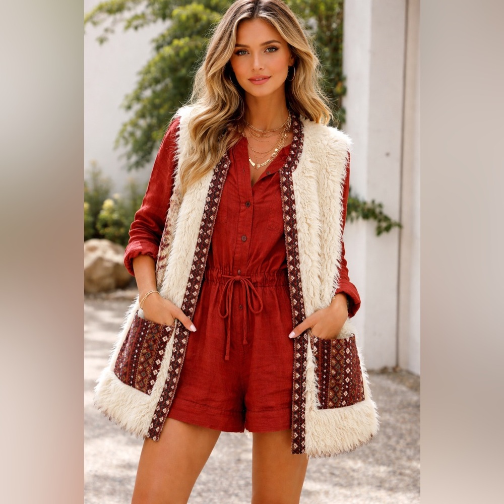 Oversized White Faux Fur Vest with Aztec Patchwork Detailing